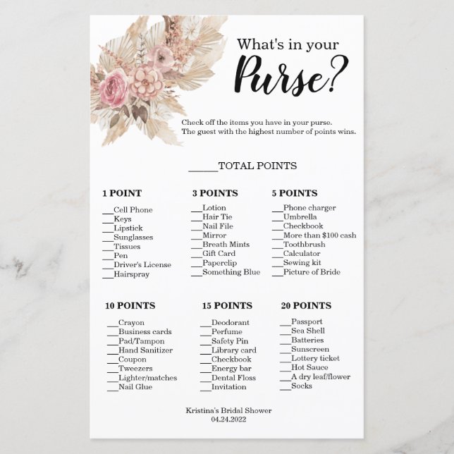 Boho Theme What's in your Purse Shower Game (Framsida)