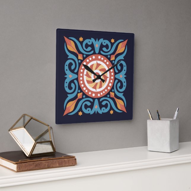 Boho Tile Wall Clock Fyrkantig Klocka (Kontor)
