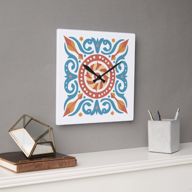 Boho Tile Wall Clock Fyrkantig Klocka (Kontor)