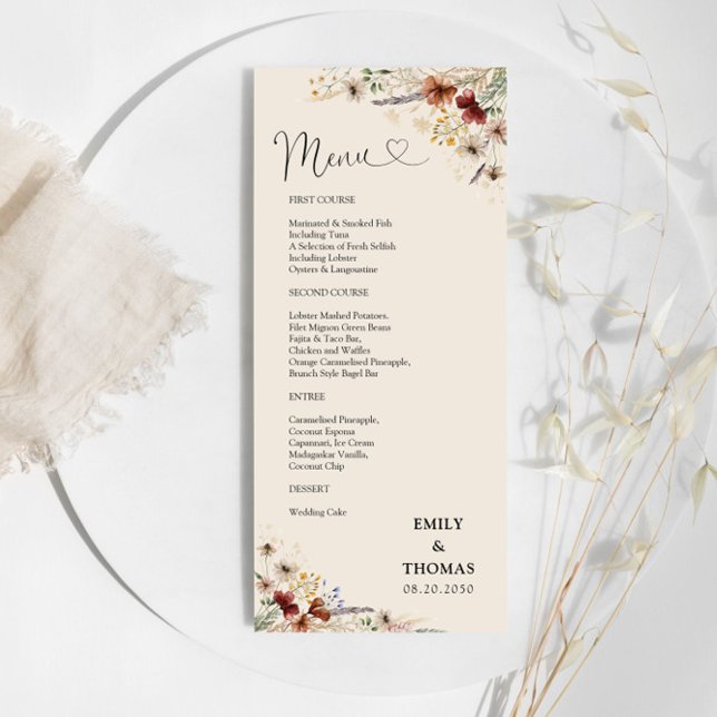 Boho Tiny Wildblomu Bröllop Menu Meny (Skapare uppladdad)
