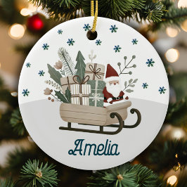 Boho Tomte på släde med presenter Snöflingor Namn Julgransprydnad Keramik