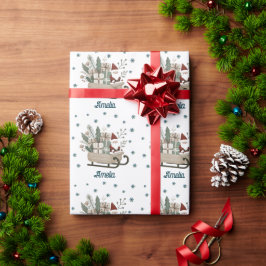 Boho Tomte på släde med presenter Snöflingor Namn Presentpapper
