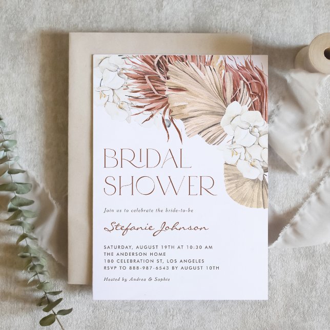 Boho Torkad Handflatan och Orchid QR-Möhippa Inbjudningar (QR code bridal shower invitation featuring watercolor orchids, pampas grass, and dried palm leaves.)