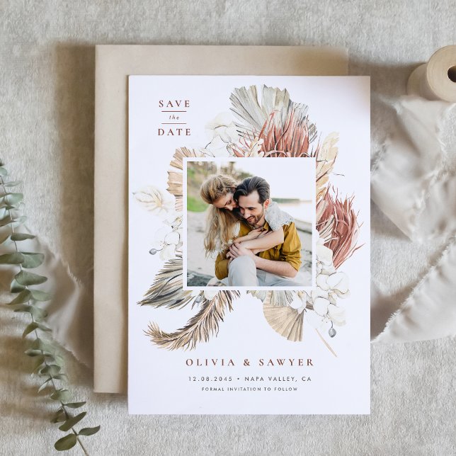 Boho Torkad Handflatan och vit Orchid QR-kod Foto Spara Datumet (QR code save the date featuring a watercolor pampas grass, dried palm, orchids, and anthurium.)