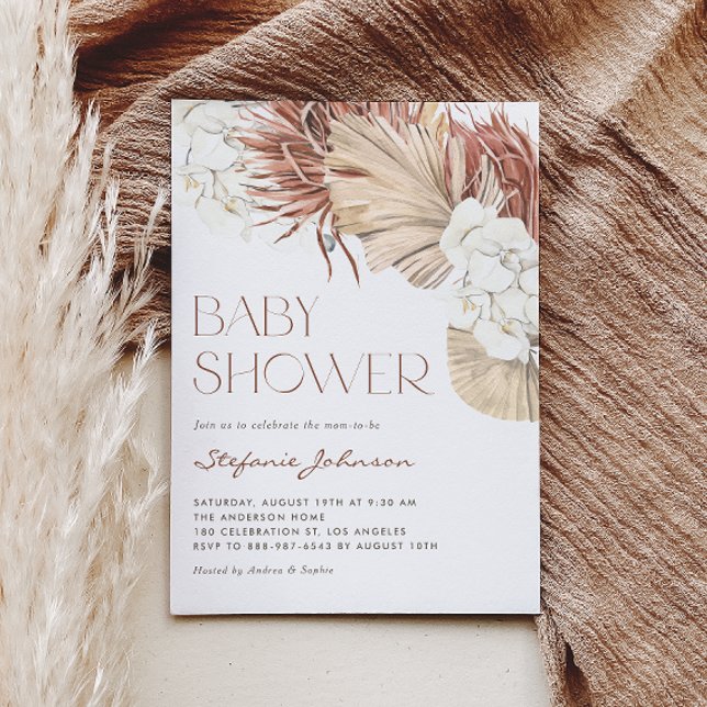 Boho Torkad Palm och Orkidé QR-kod Baby Shower Inbjudningar (This QR code baby shower invitation features watercolor white orchids, pampas grass, and dried palm.)