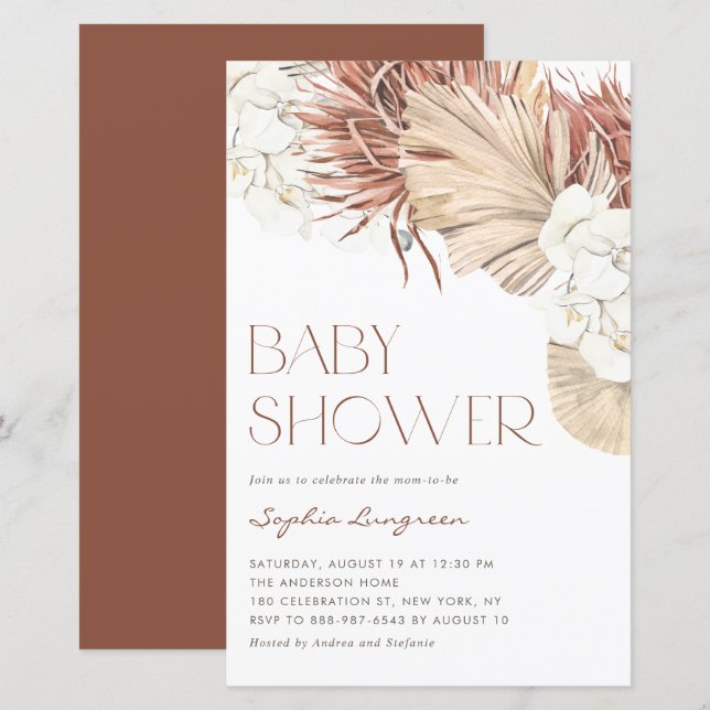 Boho torkad palm- och orkidéer baby shower inbjuda (Fram/baksida)