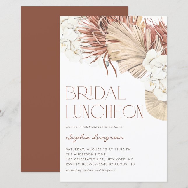Boho Torkad Palm Orchid Bröllops Luncheon Inbjudan (Fram/baksida)