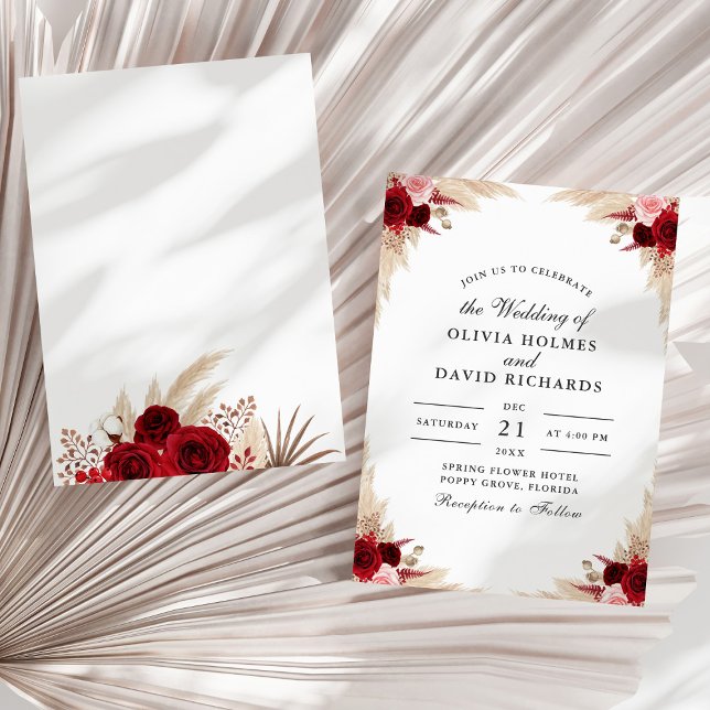 Boho Torkade blad & Burgunderros Bröllop Inbjudningar (Dry Tropical Leaves and Rose Wedding Invitation on a sunny white dry palm leaf.)