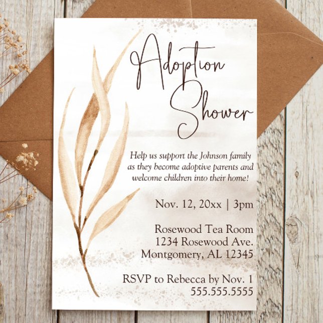 Boho-torkade Blommigtar som adopterar Baby/barnsko Inbjudningar (adoption baby shower invitation with brown script text and boho dried floral elements)