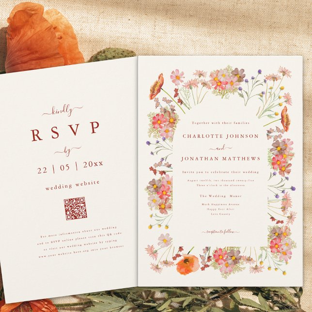 Boho Torkade Wildblommor Fall Wedding Inbjudningar (Boho wildflower fall wedding invitation with qr code)
