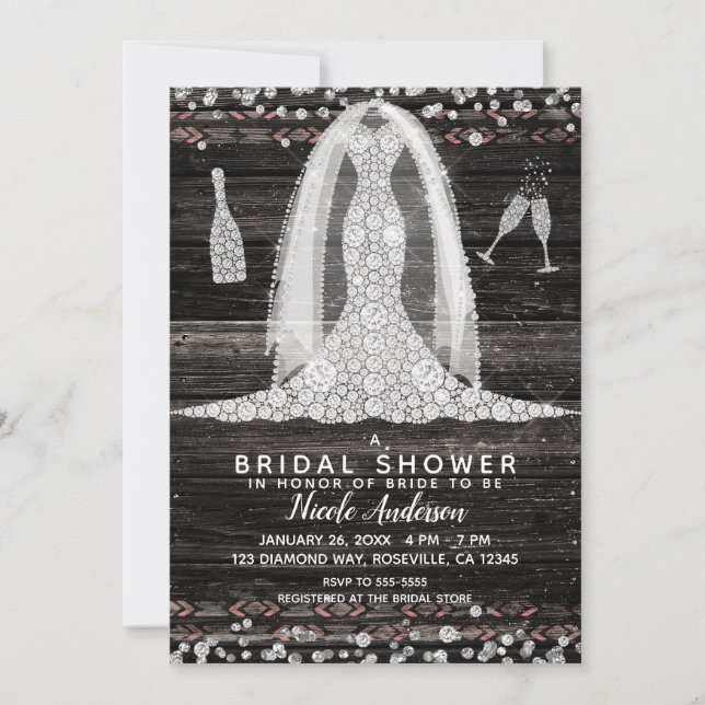 Boho Trä Chic Diamant Bröllopsklänning Bridal Show Inbjudningar (Framsida)