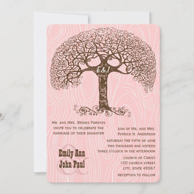 Boho Träd Crabapple Rosa Wood grain Wedding bjudes Inbjudningar (Framsida)