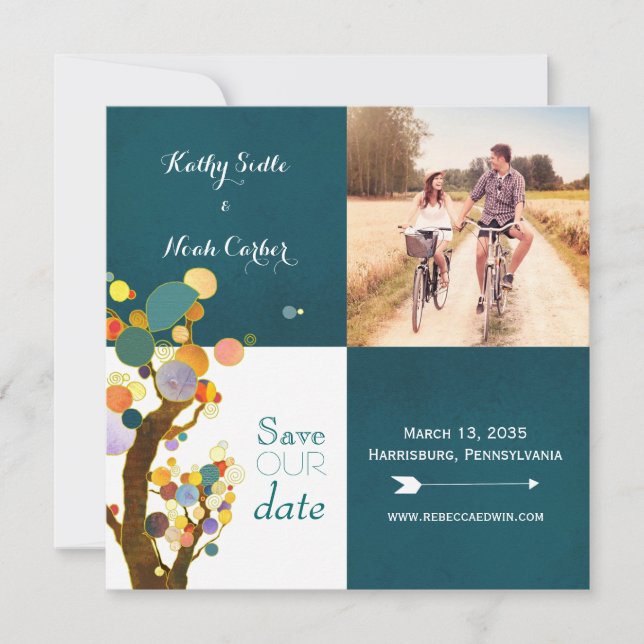 Boho Träd Teal Bröllop Photo Save Date Spara Datumet (Framsida)