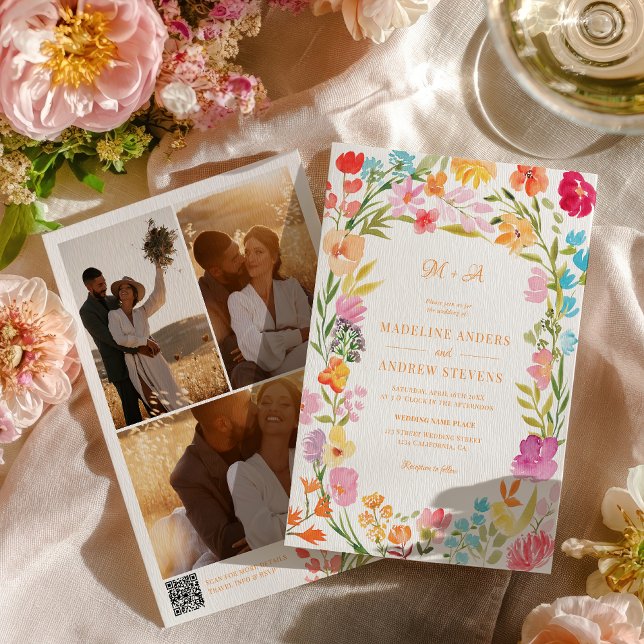 Boho Trädgård Sommar Blommig Foto QR Bröllop Inbjudningar (Boho Garden Summer Floral Photo QR Wedding Invitation)