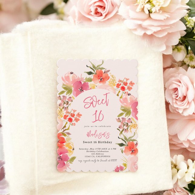 Boho-trädgårdens blommigt - vattenfärgsbåge rosa S Inbjudningar (Boho garden floral watercolor arch pink Sweet 16 Invitation)