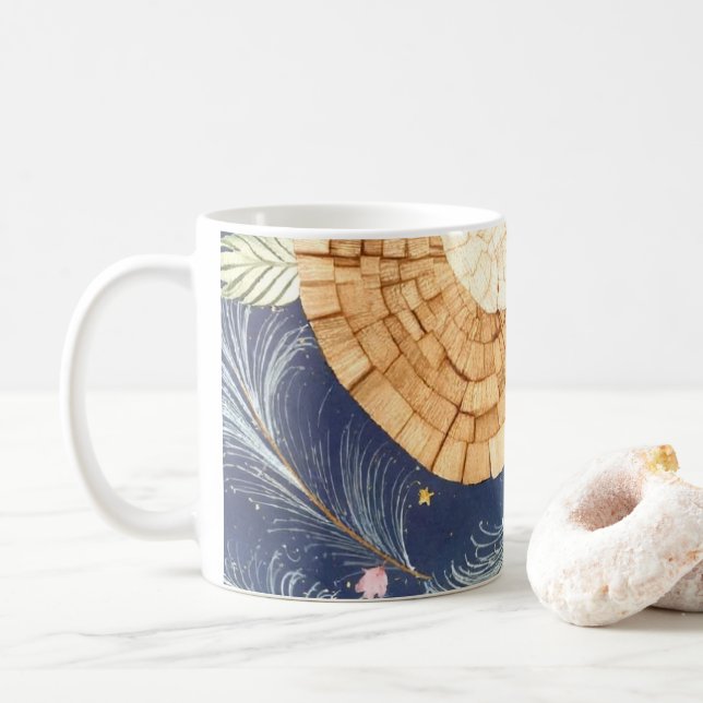 Boho Trästruktur Fläkt och Marin Fjäder Botanisk  Kaffemugg (Med munk)