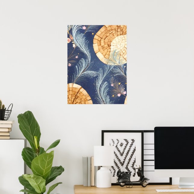 Boho Trästruktur Fläkt och Marin Fjäder Botanisk  Poster (Hemmakontoret)