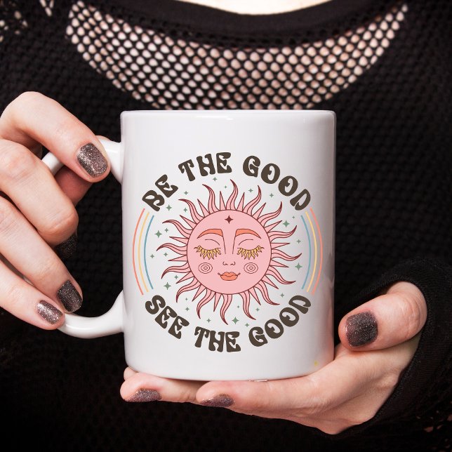 Boho-Trendiget inspirationerande motivation Kaffemugg (Boho Trendy Sun Face Celestial Be the Good See the Good Inspirational Motivational Coffee Mug Gift)