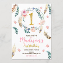 Boho Tribal 1:a födelsedagsinbjudan till en flicka