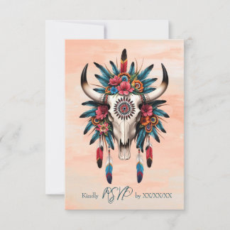 Boho Tribal Akvarell Blommig Kowskalle Bröllop OSA Kort