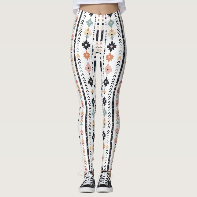 Boho Tribal Aztec Vertikala Ränder Kräm Rost Blå Leggings (Framsida)