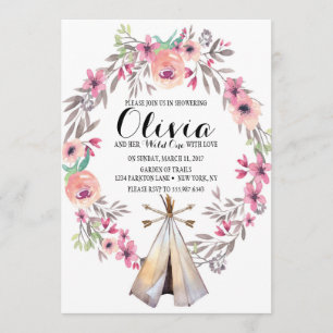 Boho Tribal Baby Shower Inbjudan Blommig Teepee