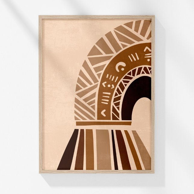 Boho Tribal Båge Abstrakt Neutral Väggkonst Tryck (Boho Neutral Abstract Tribal Rainbow Wall Art in a wooden frame on a sunny white wall.)