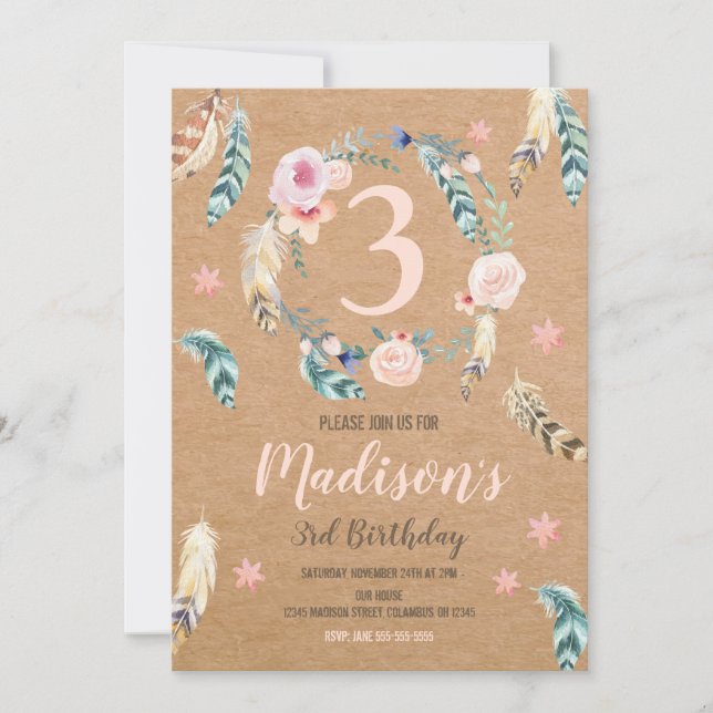 Boho Tribal Birthday Inbjudan till en flicka (Framsida)