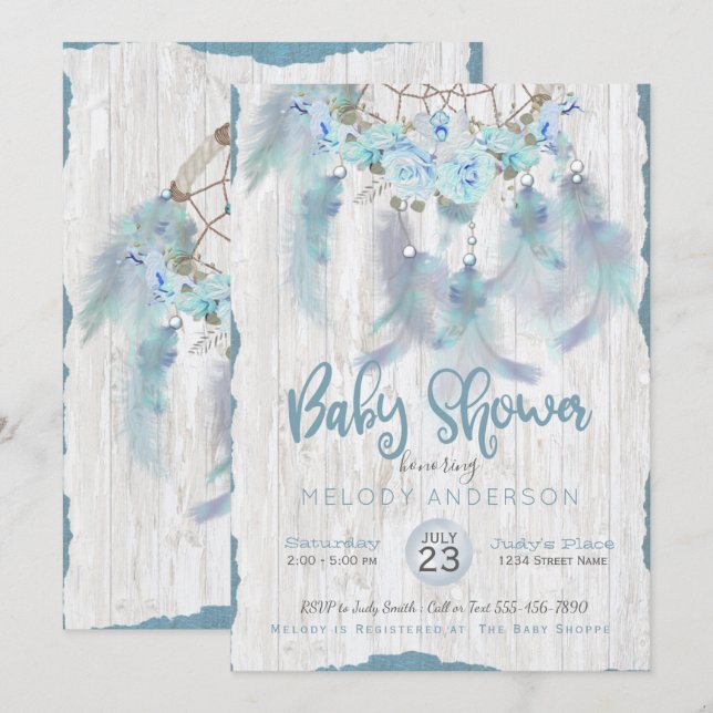 BOHO Tribal Blommigt Dream Catcher Blue Baby Showe Inbjudningar (Fram/baksida)