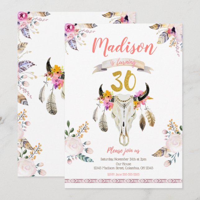 Boho Tribal Blommigt Skull 30års födelsedag inbjud Inbjudningar (Fram/baksida)