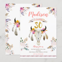 Boho Tribal Blommigt Skull 30års födelsedag inbjud