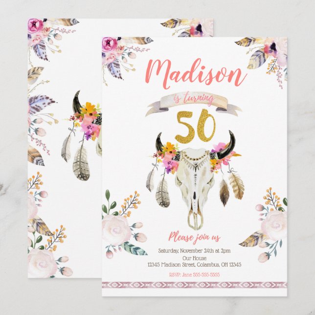 Boho Tribal Blommigt Skull 50:e födelsedagsinbjuda Inbjudningar (Fram/baksida)