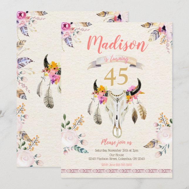 Boho Tribal Blommigt Skull födelsedagsinbjudan Inbjudningar (Fram/baksida)