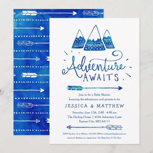 Boho Tribal Blue "Äventyr Awaits" Baby Shower Inbjudningar (Fram/baksida)