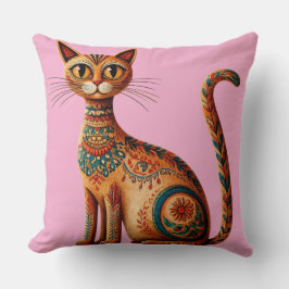 Boho Tribal Cat Cute Folk Art with Flowers Kudde