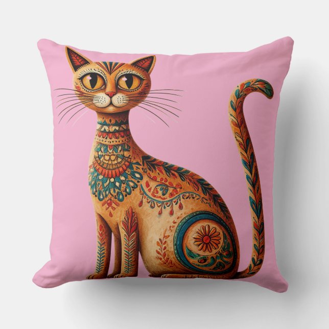 Boho Tribal Cat Cute Folk Art with Flowers Kudde (Framsida)