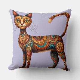 Boho Tribal Cat Cute Folk Art with Flowers Kudde