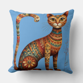 Boho Tribal Cat Cute Folk Art with Flowers Kudde