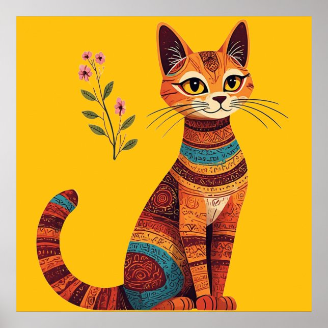 Boho Tribal Cat Cute Folk Art with Flowers Poster (Framsidan)