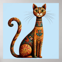 Boho Tribal Cat Cute Folk Art with Flowers Poster