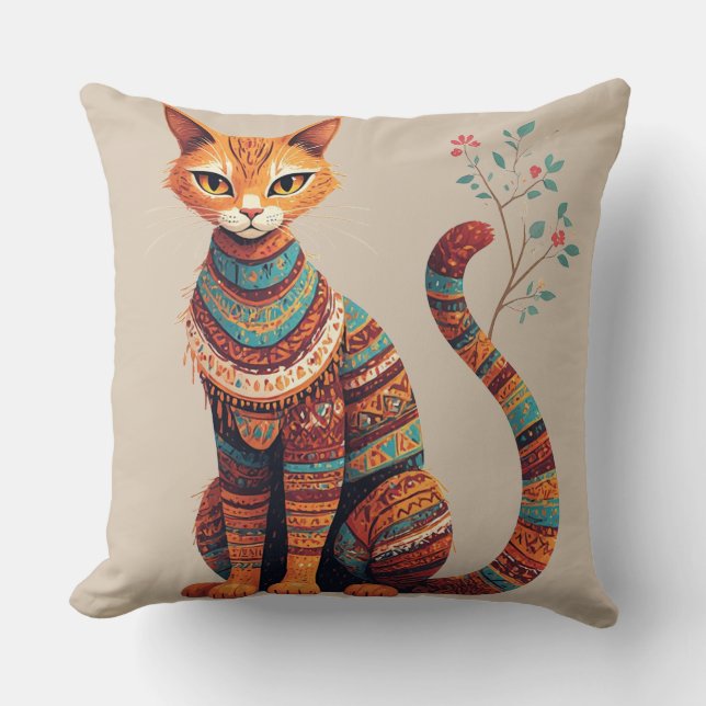 Boho Tribal Cat Illustration Cute Folk Art Design Kudde (Framsida)