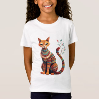 Boho Tribal Cat Illustration Cute Folk Art Design T Shirt