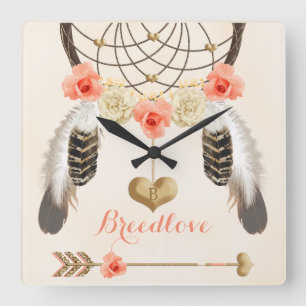 Boho Tribal Clock med Dreamcatcher och Feathers Fyrkantig Klocka
