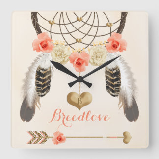 Boho Tribal Clock med Dreamcatcher och Feathers Fyrkantig Klocka