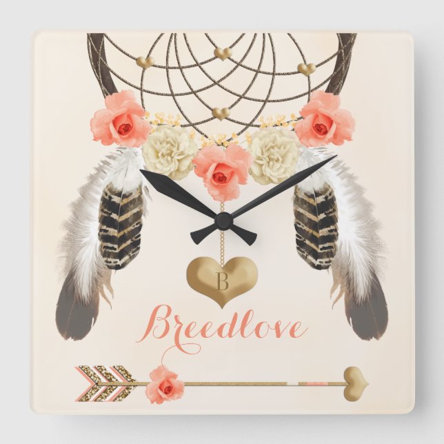 Boho Tribal Clock med Dreamcatcher och Feathers Fyrkantig Klocka (Framsida)