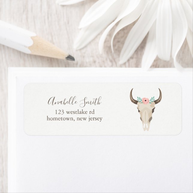 Boho Tribal Cow Skull Returadress Etikett (Insitu)
