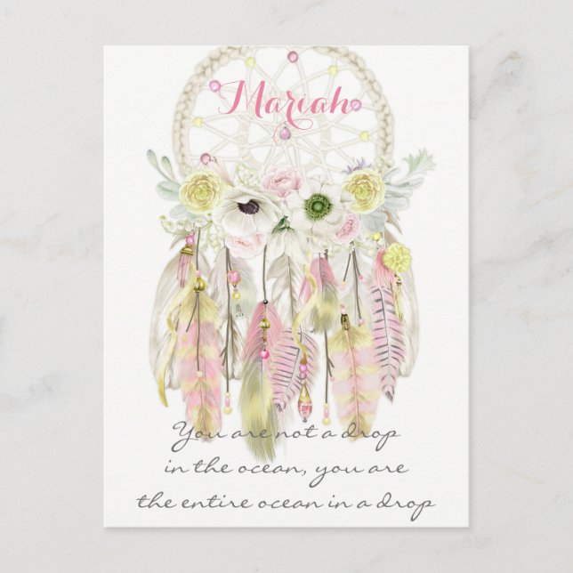 Boho Tribal Drömfångare Fjädrar Blommor Infödd Vykort (Framsida)