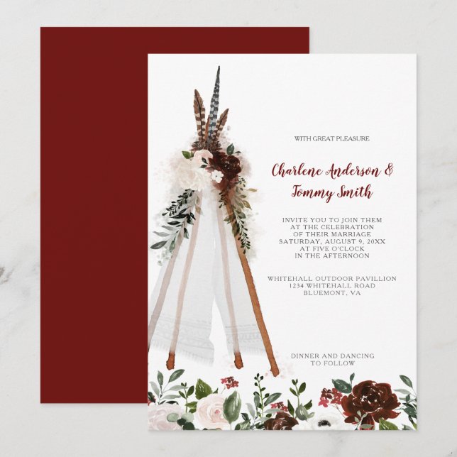 Boho Tribal Feathers Blommigt Bouquet Teepee Bröll Inbjudningar (Fram/baksida)