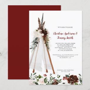 Boho Tribal Feathers Blommigt Bouquet Teepee Bröll Inbjudningar