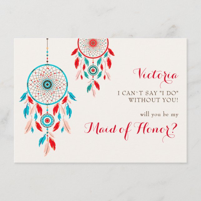 Boho Tribal Fjäther Dreamcatcher Bridesmaid Cards Meny (Framsida)